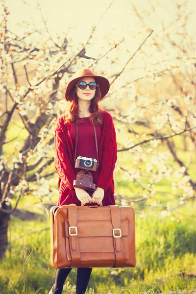 Women with suitcase in apple tree garden — Stock Photo, Image