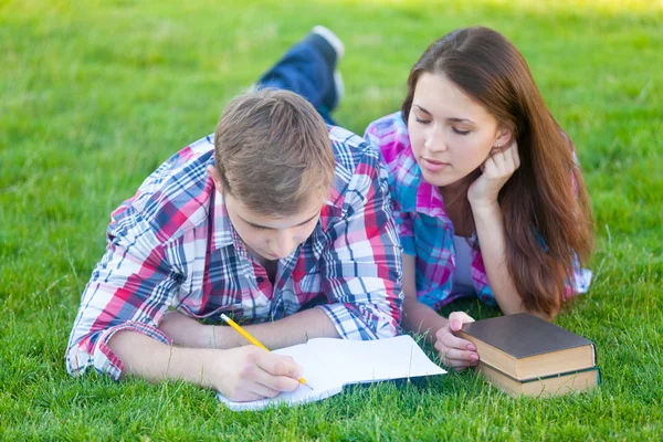 Young teen couple with notebook Royalty Free Stock Photos