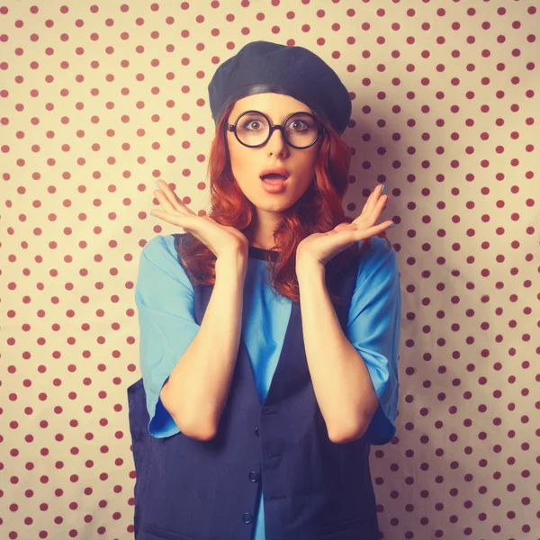 Surprised redhead woman in glasses — Stok fotoğraf