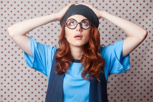 Surprised redhead woman in glasses — Stok fotoğraf