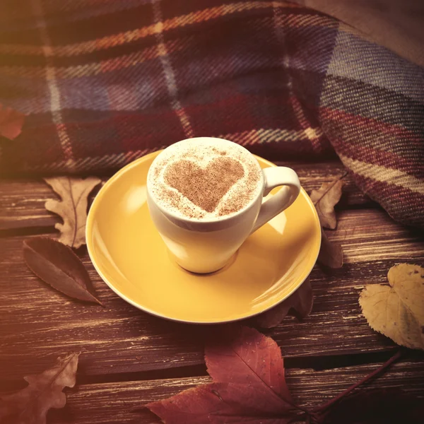 Herfst bladeren, sjaal en koffie beker — Stockfoto