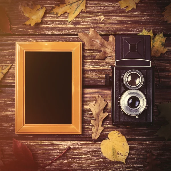Folhas de outono, câmera e quadro — Fotografia de Stock