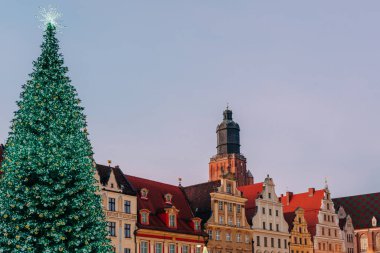 Wroclaw 'daki eski kasaba pazarında Noel ağacı. Polonya, Avrupa
