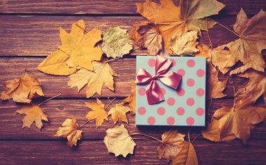 Hediye ve sarı sonbahar yaprakları