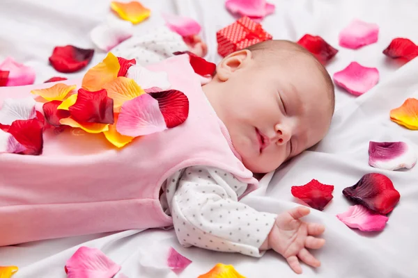 Pequeno bebê com pétalas de rosa — Fotografia de Stock