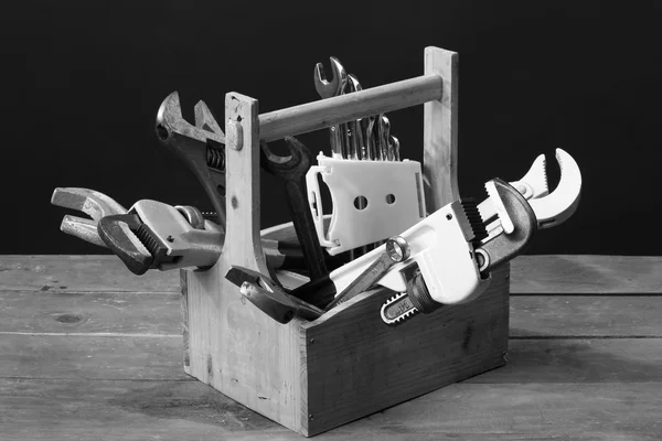 Wrenches  in wooden toolbox . — Stok fotoğraf