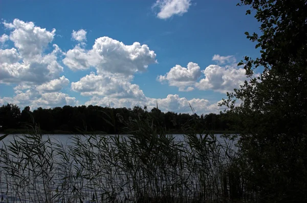 Azul Nuvem Verde Lago Descanso Céu Verão Água Branco — Fotografia de Stock