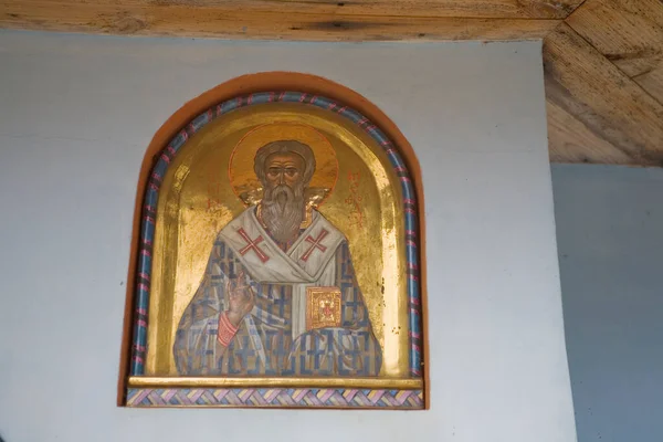 Hermosas Pinturas Grandes Pared Del Templo Con Símbolos Religiosos Ortodoxos — Foto de Stock