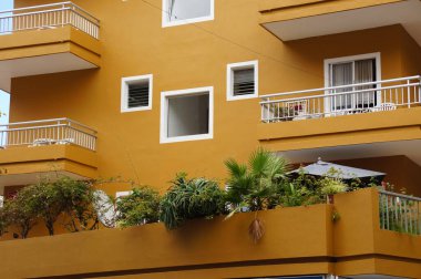 İspanya 'nın Tenerife şehrindeki Puerto De la Cruz şehrinin sokaklarında ilginç renkli yazlık evler.