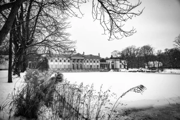 Vacker Park Warszawa Polen Snöig Vinterdag — Stockfoto