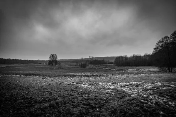 Beau Paysage Agricole Hiver Avec Neige Par Une Journée Nuageuse — Photo