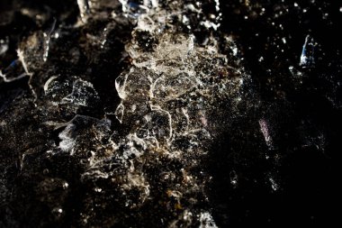 Donmuş bir su birikintisinde buzla yakın planda güzel ve soyut bir arkaplan.