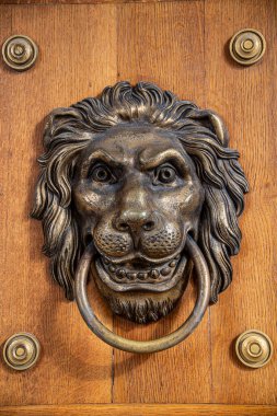 Güzel aslan başlı pirinç kapı tokmağı sarayın ahşap kapısında.