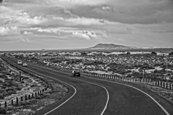 Hermoso Paisaje Con Carretera Océano Isla Canaria Española Fuertaventra Día — Foto de Stock