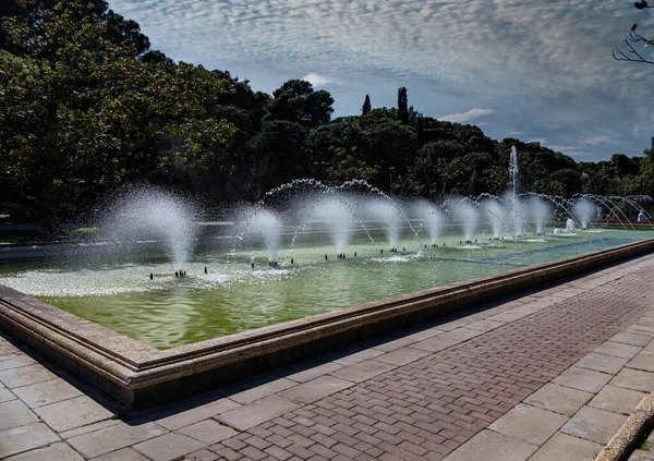 Beautiful Urban Landscape Spanish City Zaragoza Warm Spring Day Fountains — Stock Photo, Image