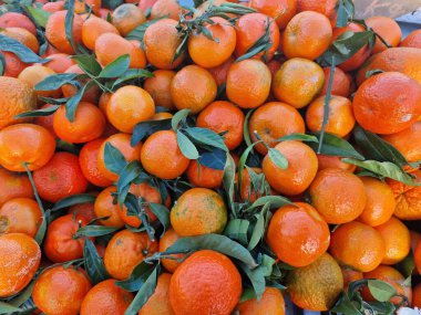 Canlı bir portakal yığını çerçeveyi doldurur, taze yeşil yapraklarla süslenir..