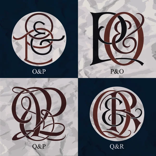 Винтажные монограммы - 4 комплекта - Q & P, P & O, Q & R — стоковый вектор