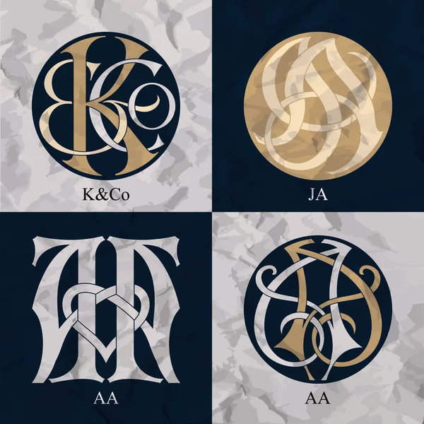 Monogramas vintage - 4 juegos - K & Co, JA, AA — Archivo Imágenes Vectoriales