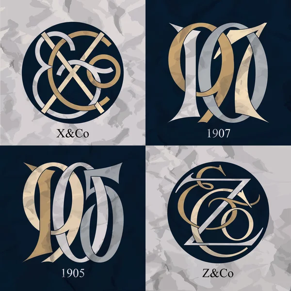 Vintage Monogram - 4 setleri - X ve Co, Z ve Co, 1907, 1905 — Stok Vektör