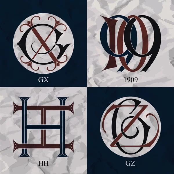 Monogramas vintage - 4 sets - GX, 1909, HH, GZ — Archivo Imágenes Vectoriales