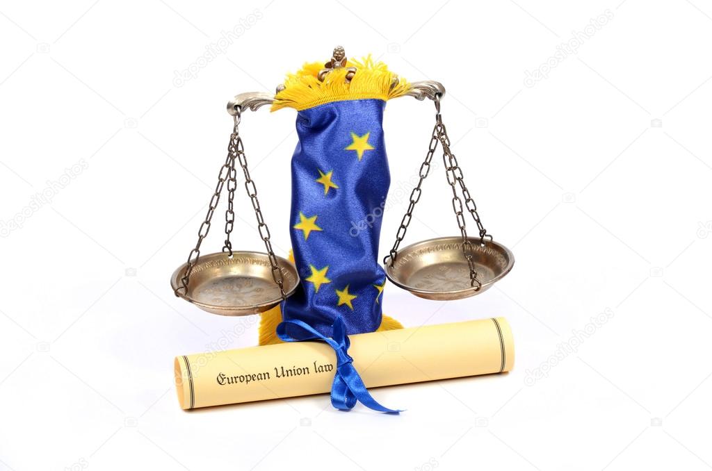 Scales of Justice, European union flag and European union law.