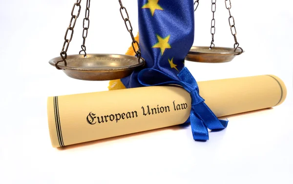 Scales of Justice, European union flag and European union law. — Stock Photo, Image