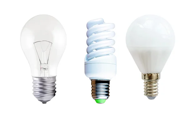 Lámpara led, lámpara fluorescente e incandescente — Foto de Stock