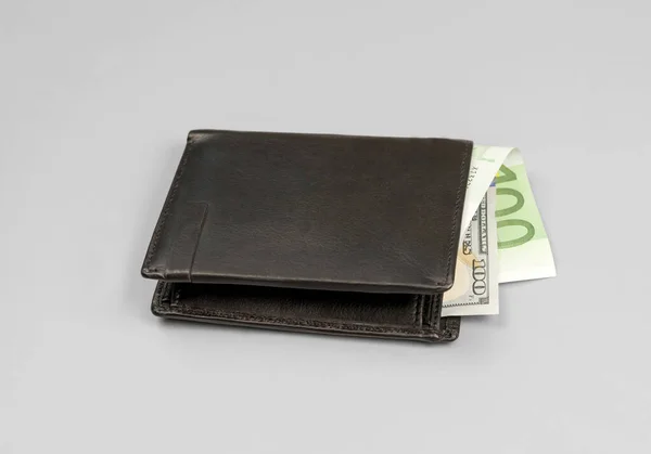 Leather Black Wallet Dollar Euro Bills Gray Background — Stock Photo, Image