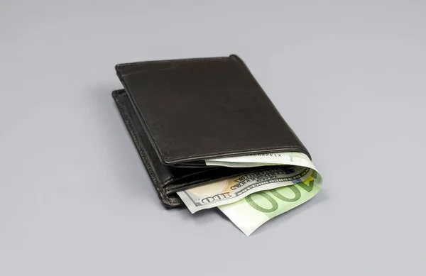 Leather Black Wallet Dollar Euro Bills Gray Background — Stock Photo, Image