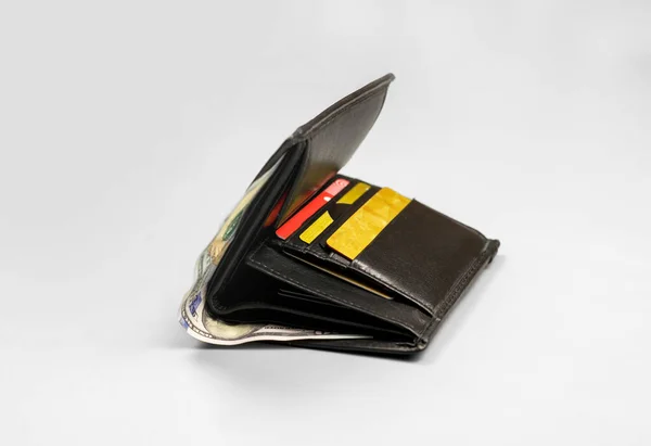 Black Leather Wallet One Hundred Dollar Bill Credit Cards Gray — Stock Photo, Image