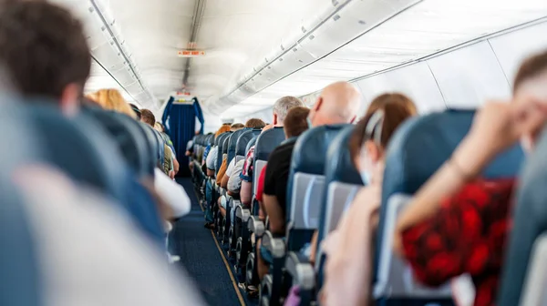 Aircraft Cabin Corridor Seats Passengers Flight — Stock Photo, Image