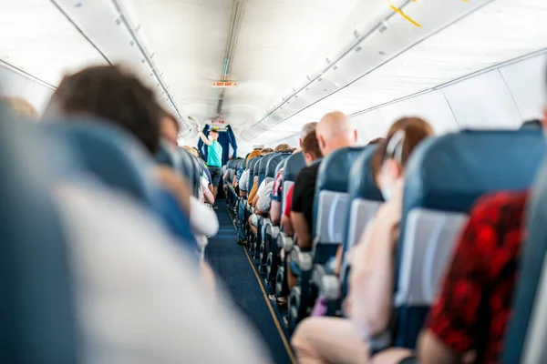 Aircraft Cabin Corridor Seats Passengers Flight — Stock Photo, Image