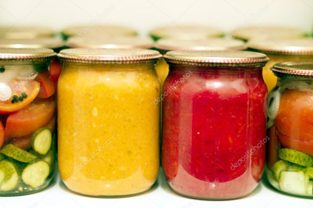 Various canning vegetables in glass jar 
