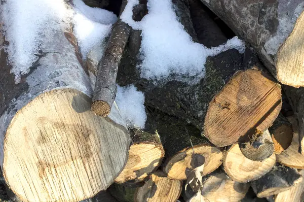 Beyaz karla kaplı sırtlar doku yakacak odun kesmek — Stok fotoğraf