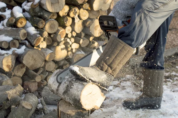 Il processo di taglio del legno con una motosega — Foto Stock