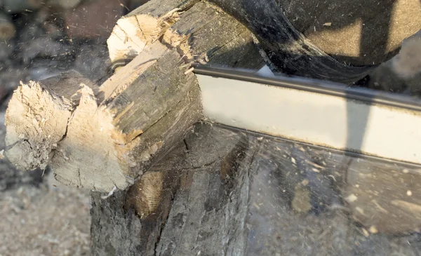 Seghe a catena pneumatiche in funzione, taglio legna da ardere — Foto Stock