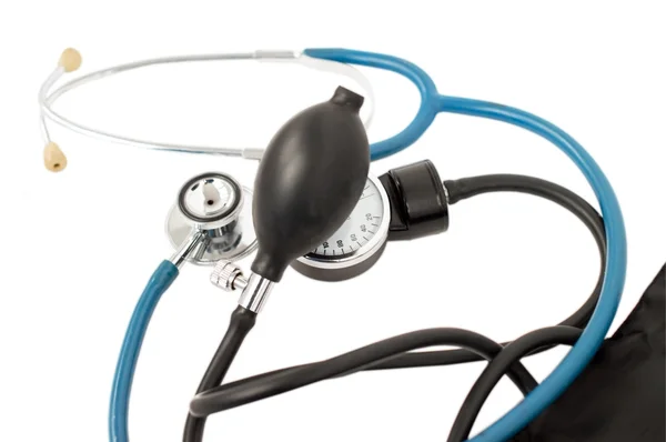 Misuratore di pressione sanguigna e stetoscopio blu — Foto Stock