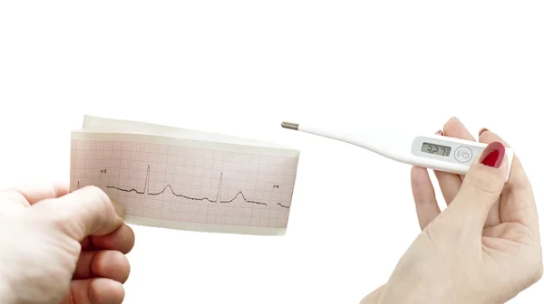 Cardiogram and an electronic thermometer in women's hands — Stock Photo, Image
