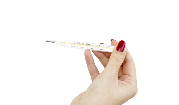 A Mercury thermometer for measuring the temperature in the hand — Stock Photo, Image