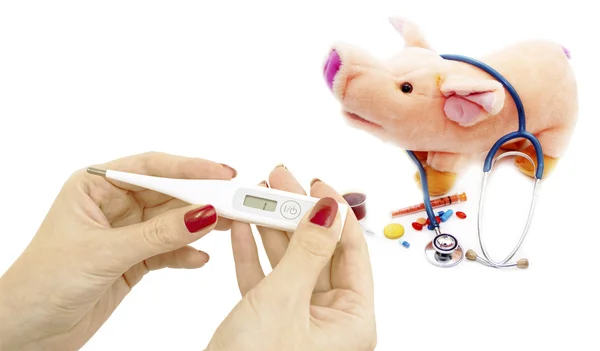 Thermometer in hand and soft toy with a stethoscope — Stock Photo, Image