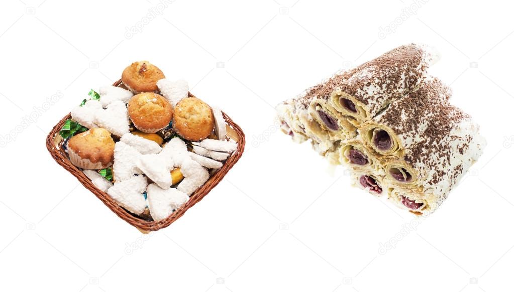 Various sweets in a basket and a cake 