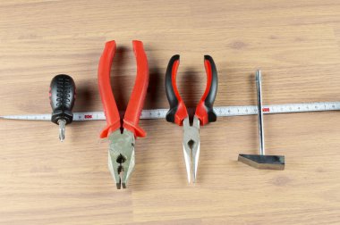 Kerpetenler, tornavida, çekiç ve ölçüm bandı 