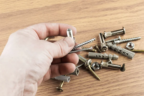 The selection process dowels and screws for mounting — Stock Photo, Image