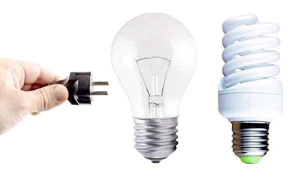 Conecte sua mão, lâmpada incandescente e lâmpada fluorescente — Fotografia de Stock