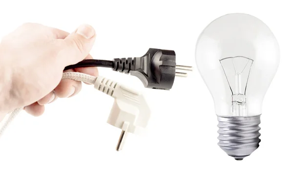 Plug in your hand, incandescent lamp — Stock Photo, Image