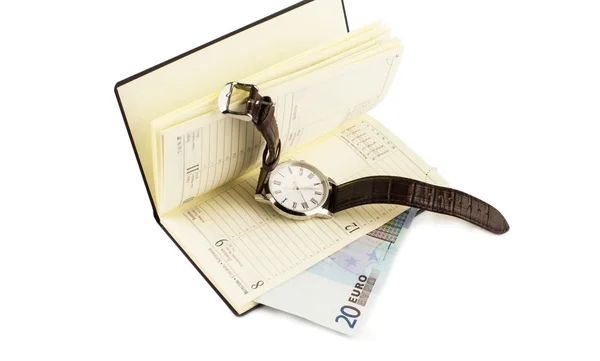 The euro opened notebook and wristwatch — Stock Photo, Image