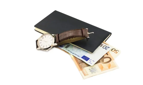 De euro-, laptop- en horloge — Stockfoto