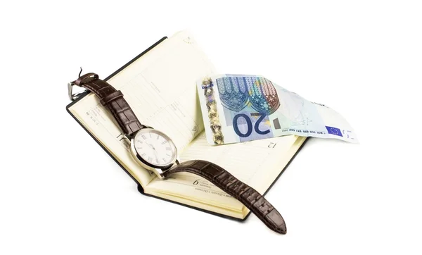 The euro opened notebook and wristwatch — Stock Photo, Image