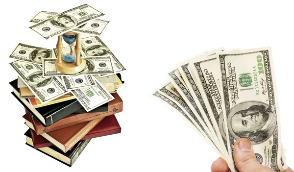 Dollars in hand and books with hourglass — Stock Photo, Image