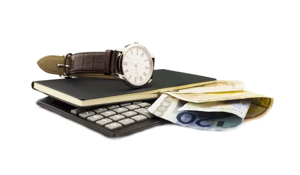 Euro, kalkulator, notatnik i zegarek — Zdjęcie stockowe